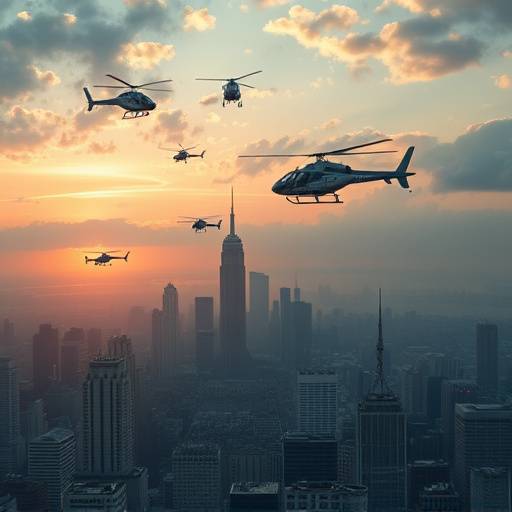 A bustling cityscape at dawn with news helicopters circling above.