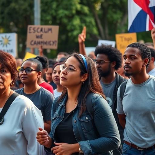 A diverse group of people participating in a peaceful protest.