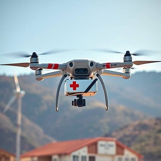 A drone delivering a medical package in a remote area.