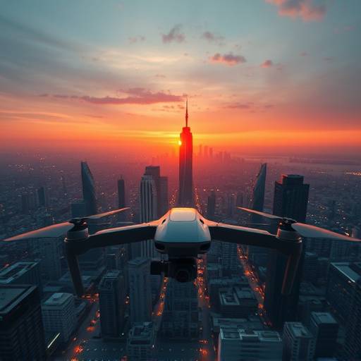 A drone flying over a futuristic city skyline at sunset.