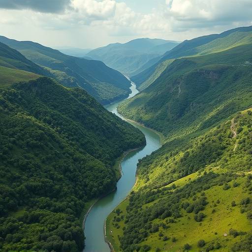 A drone view of a remote, lush valley with a winding river, symbolizing untouched nature.
