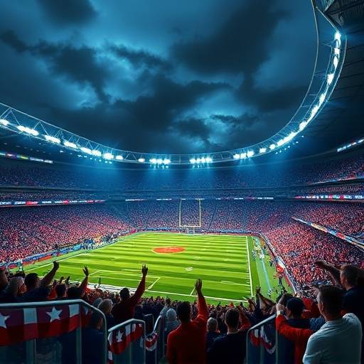 A football stadium filled with cheering fans during a night game.