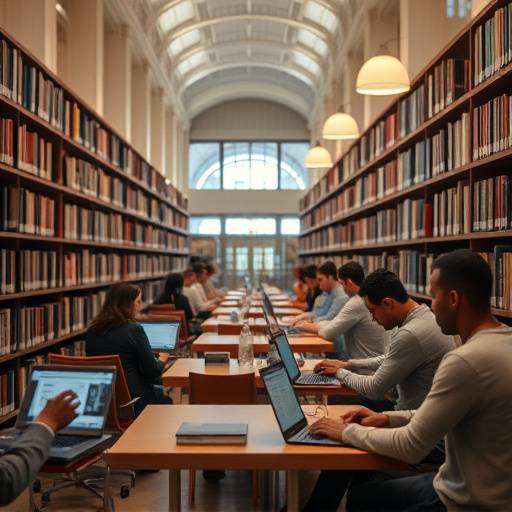 A library interior with people reading books and working on laptops.