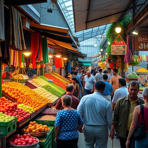 A vibrant, crowded marketplace filled with colorful textiles and fresh produce.