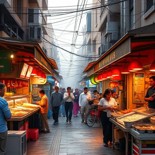 A vibrant street scene with food stalls and musicians.