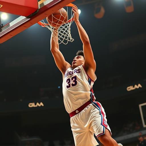 Action shot of basketball player Kai Tanaka making a slam dunk