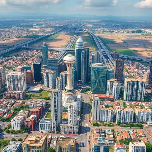 Aerial view of a major African city skyline, showcasing modern infrastructure and development.