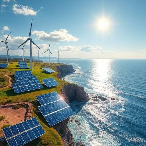 Artist's concept of renewable energy sources like solar panels and wind turbines on a coastline