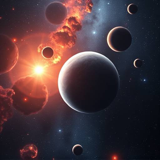 Artist's impression of a rocky exoplanet with a binary star system in the sky