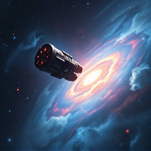 Artistic rendering of a deep-space probe approaching a shimmering nebula