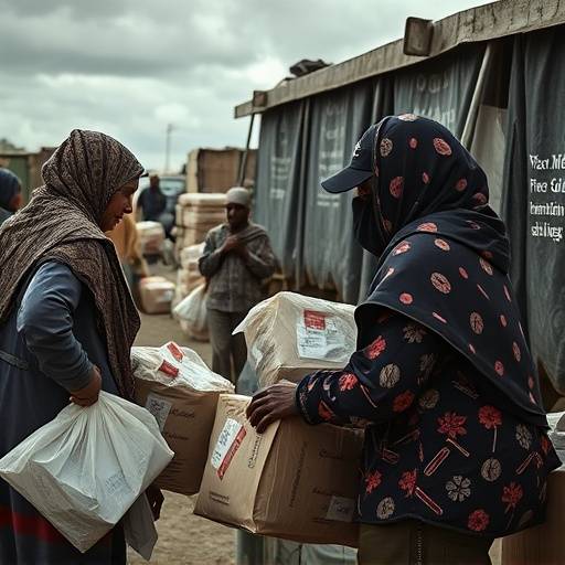 Image depicting a humanitarian aid distribution center in a conflict-affected region.