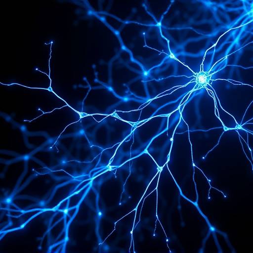 Image of a neural network visualization in glowing blue tones