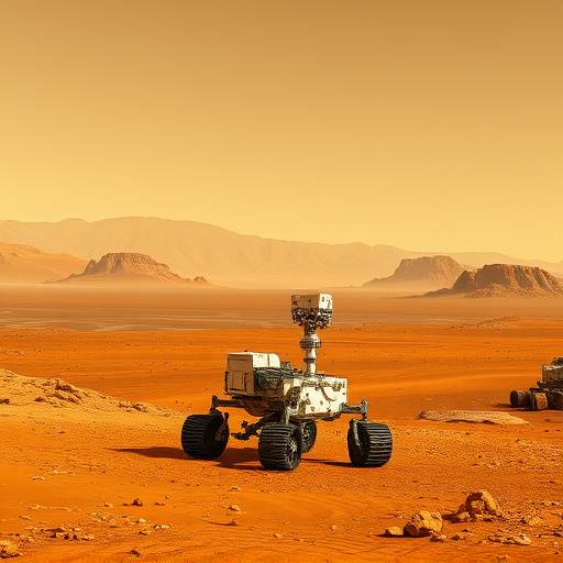 Image of the Perseverance rover on the surface of Mars, with distant Martian mountains