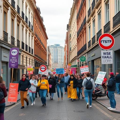 Vibrant street scene in a European city with citizens participating in a protest for environmental rights.