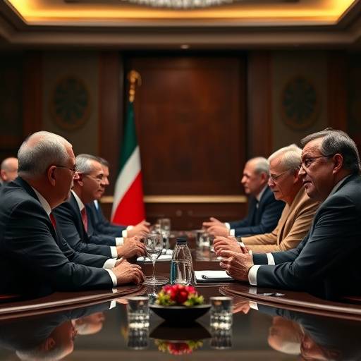 World leaders gathering at a summit, discussing international relations and global challenges.